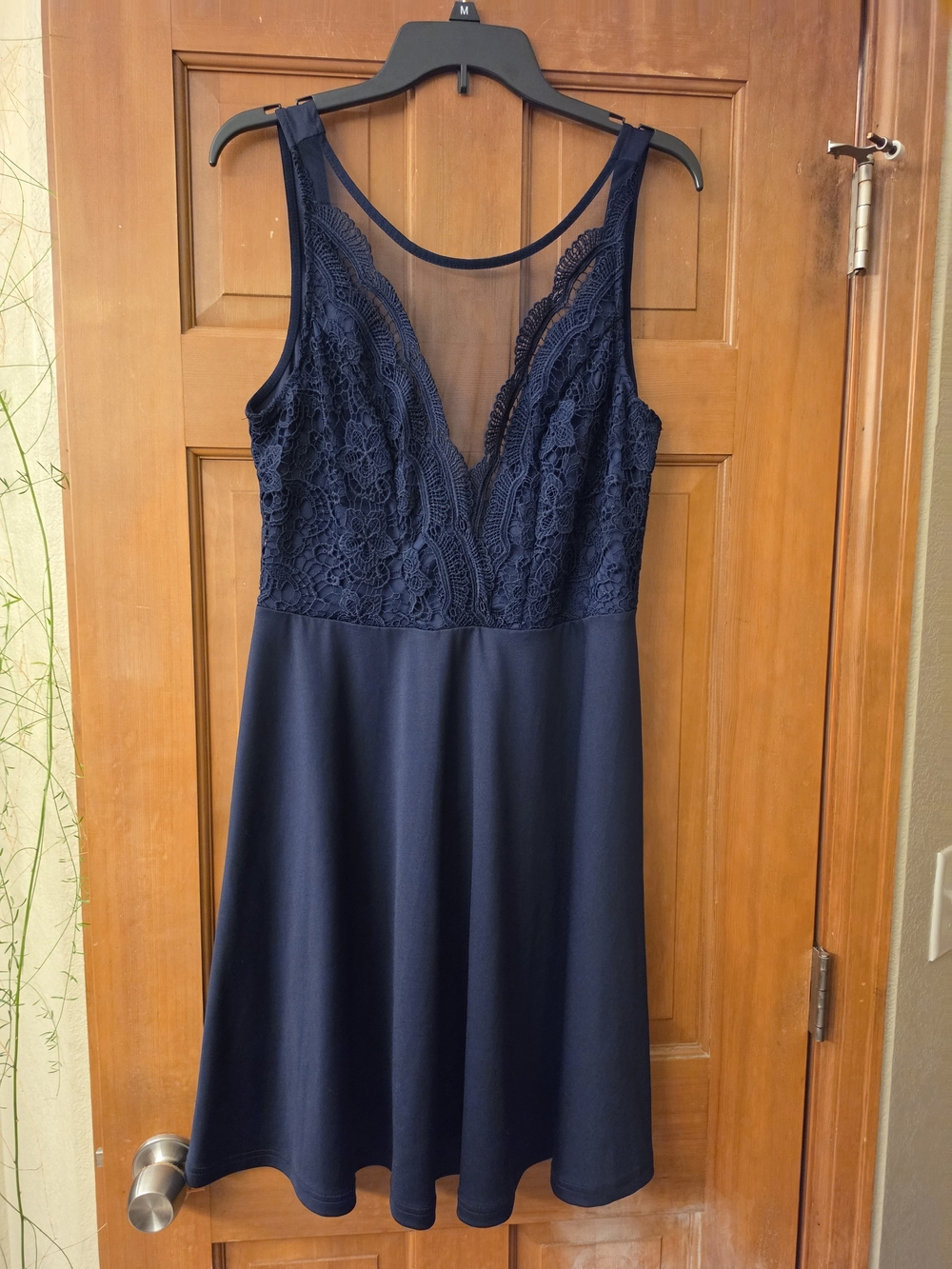 Grace Karin V-Neck Crochet Lace Mesh Flare Dress Blue